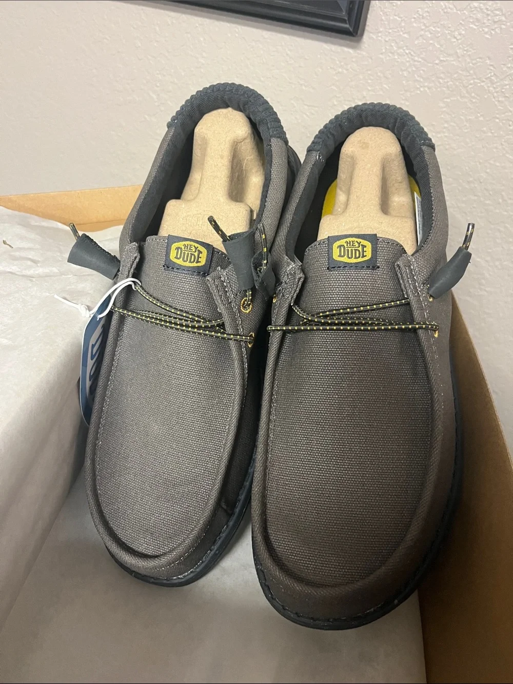 Hey Dude Wally Waxed Casual Shoe - Dark Gray with Yellow Accents